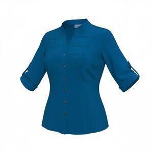 Kathy Che Stretch Button-Front Teal Roll-Sleeve Blouse Size Large